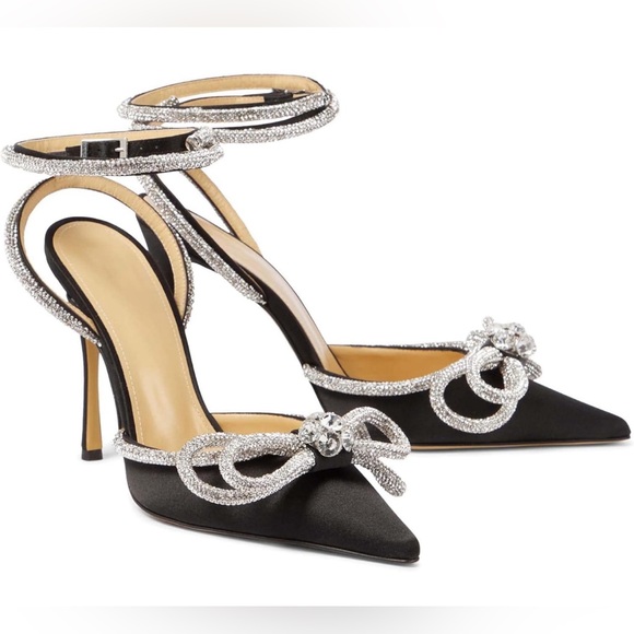 LauraVicci Women's Heeled Sandals Pointed Toe Crystal Bow - Black 7.5 - Picture 1 of 7